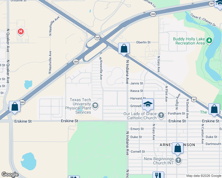 map of restaurants, bars, coffee shops, grocery stores, and more near 3438 Itasca Street in Lubbock