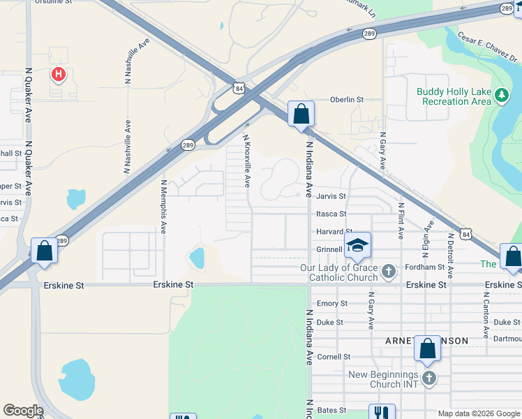 map of restaurants, bars, coffee shops, grocery stores, and more near 3438 Itasca Street in Lubbock