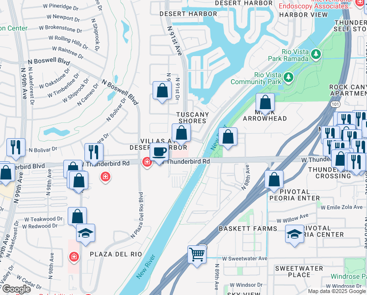 map of restaurants, bars, coffee shops, grocery stores, and more near 13943 North 91st Avenue in Peoria