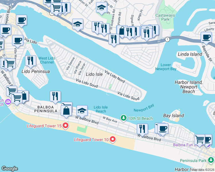 map of restaurants, bars, coffee shops, grocery stores, and more near 103 Via San Remo in Newport Beach