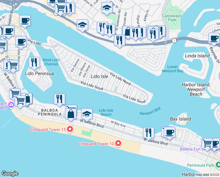 map of restaurants, bars, coffee shops, grocery stores, and more near 103 Via San Remo in Newport Beach