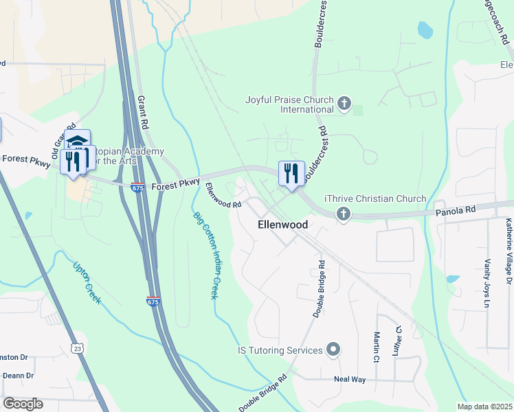 map of restaurants, bars, coffee shops, grocery stores, and more near 3094 Jonesboro Street in Ellenwood
