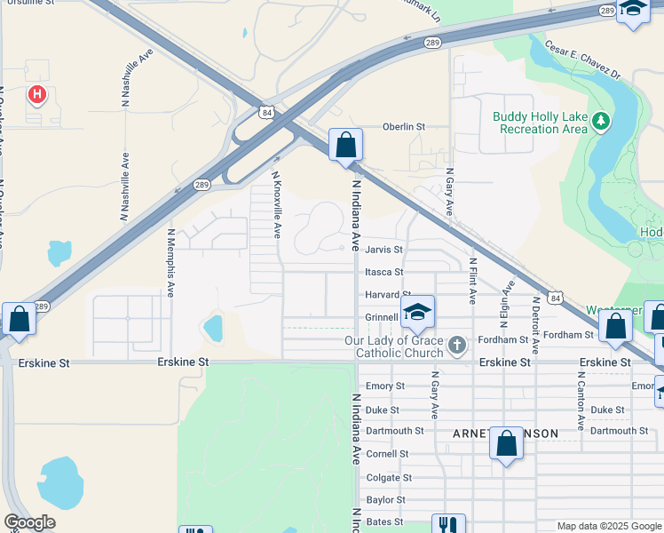 map of restaurants, bars, coffee shops, grocery stores, and more near 3416 Itasca Street in Lubbock