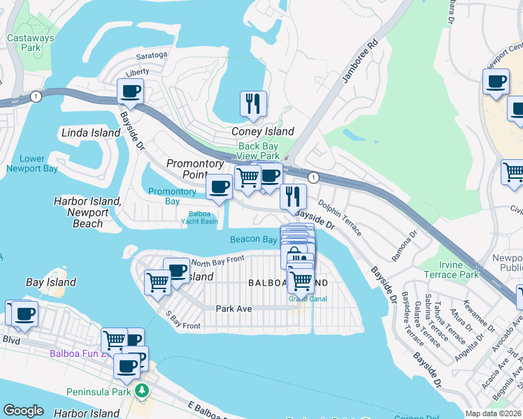 map of restaurants, bars, coffee shops, grocery stores, and more near 998 Bayside Cove in Newport Beach