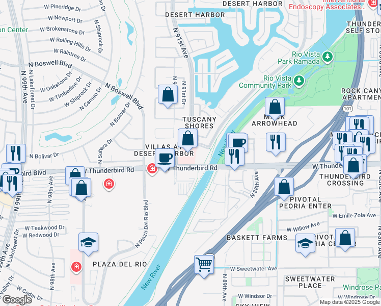 map of restaurants, bars, coffee shops, grocery stores, and more near 13943 North 91st Avenue in Peoria