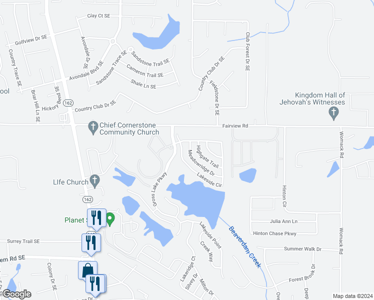 map of restaurants, bars, coffee shops, grocery stores, and more near 60 Meadowridge Drive in Covington
