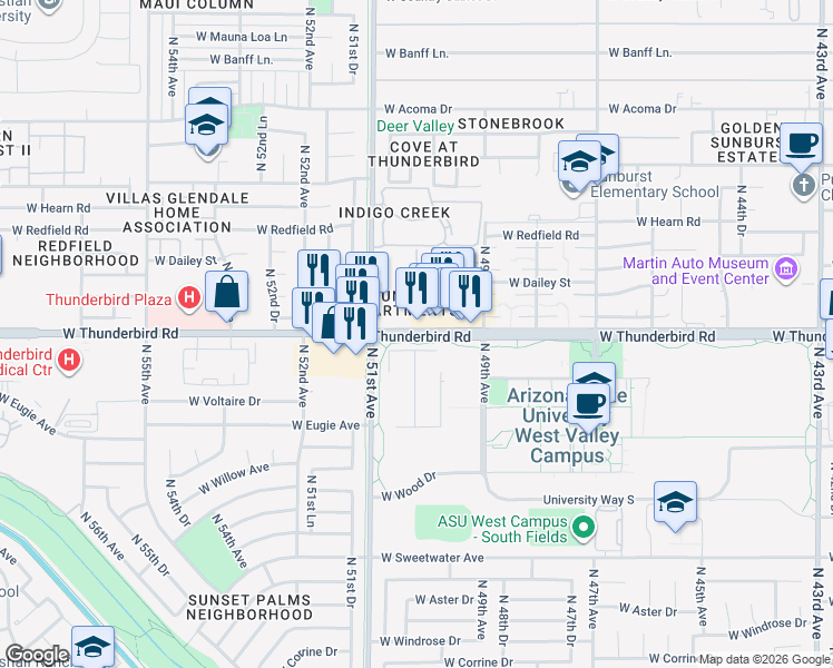 map of restaurants, bars, coffee shops, grocery stores, and more near 4950 West Thunderbird Road in Glendale