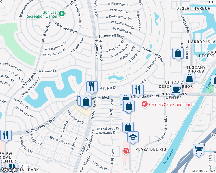 map of restaurants, bars, coffee shops, grocery stores, and more near 13824 North Bolivar Drive in Sun City