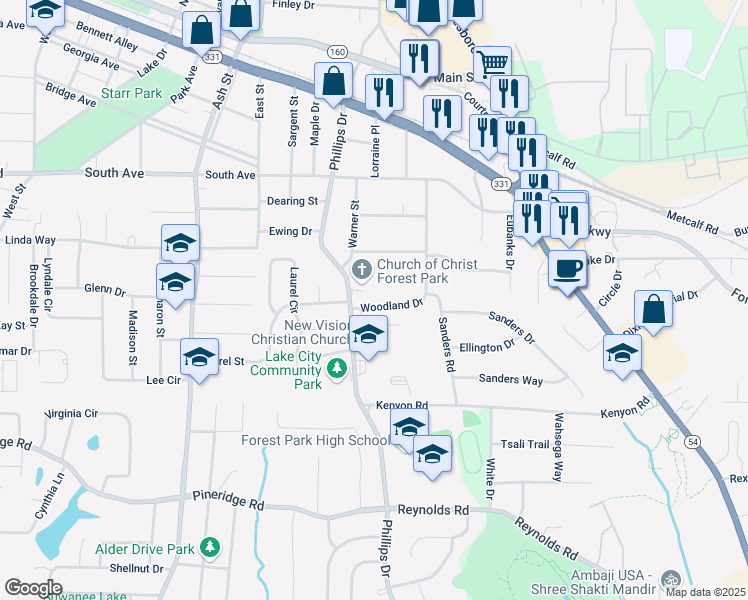 map of restaurants, bars, coffee shops, grocery stores, and more near 5295 Woodland Drive in Lake City