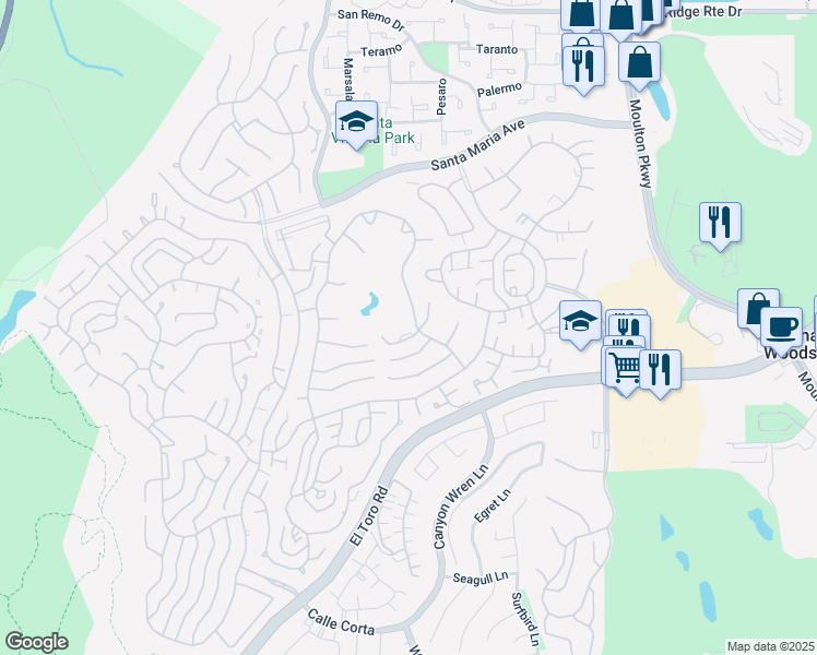 map of restaurants, bars, coffee shops, grocery stores, and more near 5472 Paseo Del Lago East in Laguna Woods