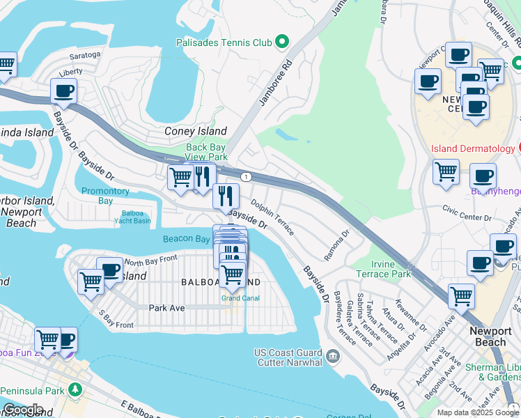 map of restaurants, bars, coffee shops, grocery stores, and more near 1207 Dolphin Terrace in Newport Beach