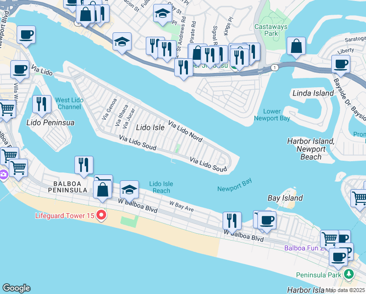 map of restaurants, bars, coffee shops, grocery stores, and more near 120 Via Trieste in Newport Beach