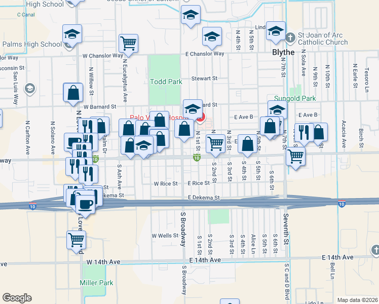 map of restaurants, bars, coffee shops, grocery stores, and more near 127 East Hobsonway in Blythe