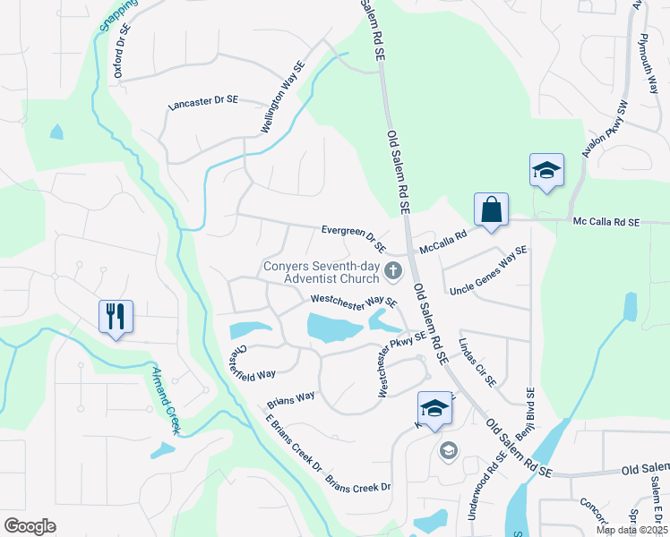 map of restaurants, bars, coffee shops, grocery stores, and more near 3111 Green Gate Way Southeast in Conyers