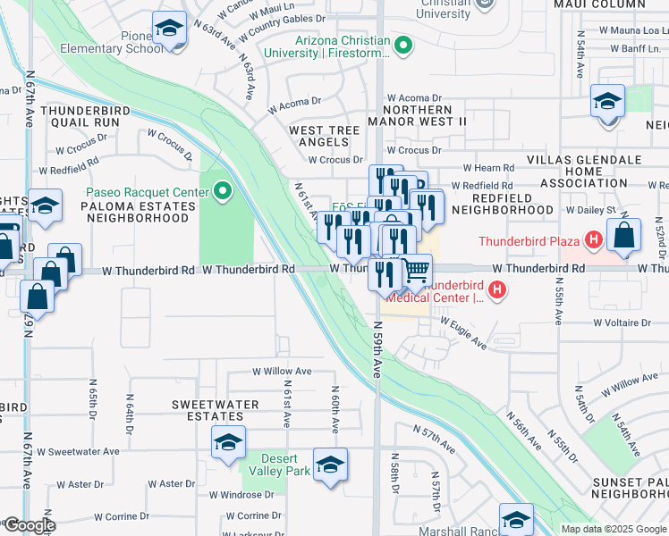 map of restaurants, bars, coffee shops, grocery stores, and more near 6039 West Thunderbird Road in Glendale
