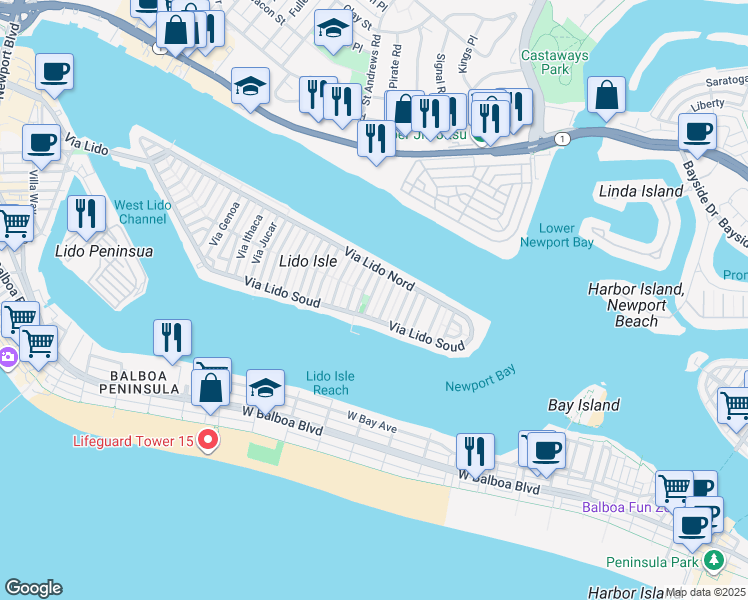 map of restaurants, bars, coffee shops, grocery stores, and more near 120 Via Trieste in Newport Beach