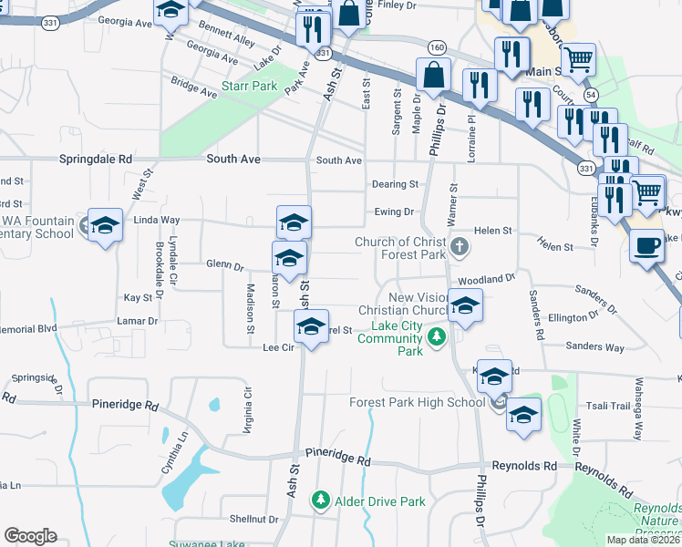 map of restaurants, bars, coffee shops, grocery stores, and more near 866 White Oak Drive in Forest Park