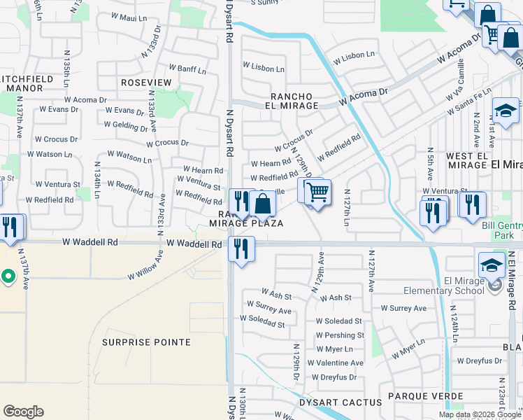 map of restaurants, bars, coffee shops, grocery stores, and more near 14010 North 130th Drive in El Mirage