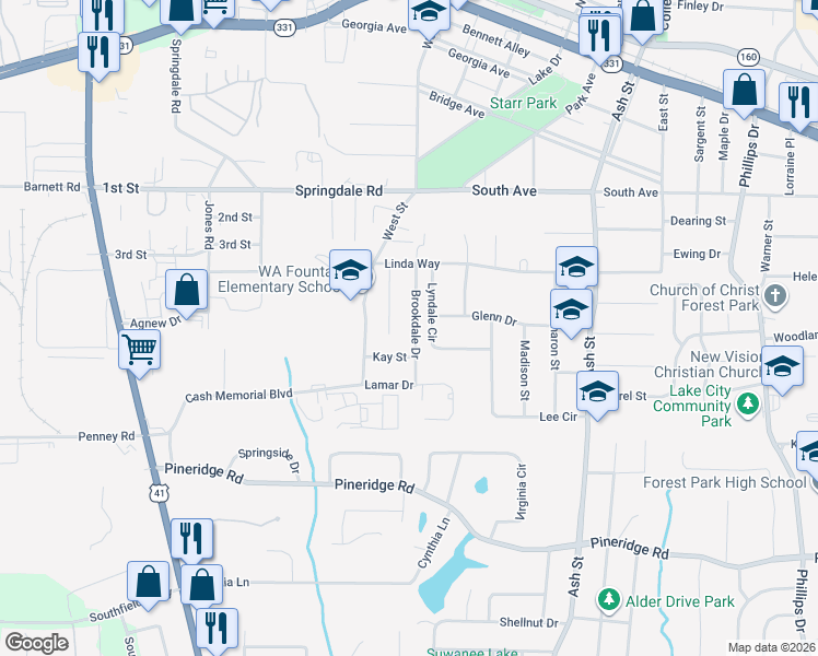 map of restaurants, bars, coffee shops, grocery stores, and more near 5261 Brookdale Drive in Forest Park