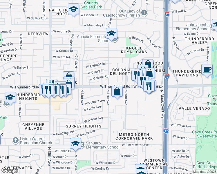 map of restaurants, bars, coffee shops, grocery stores, and more near W Thunderbird Rd & N 31st Ave in Phoenix