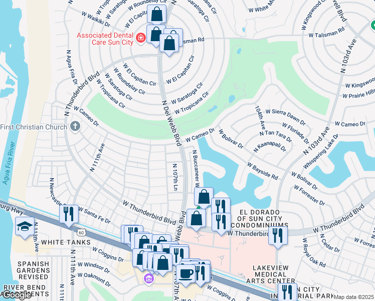 map of restaurants, bars, coffee shops, grocery stores, and more near 13850 North Buccaneer Way in Sun City