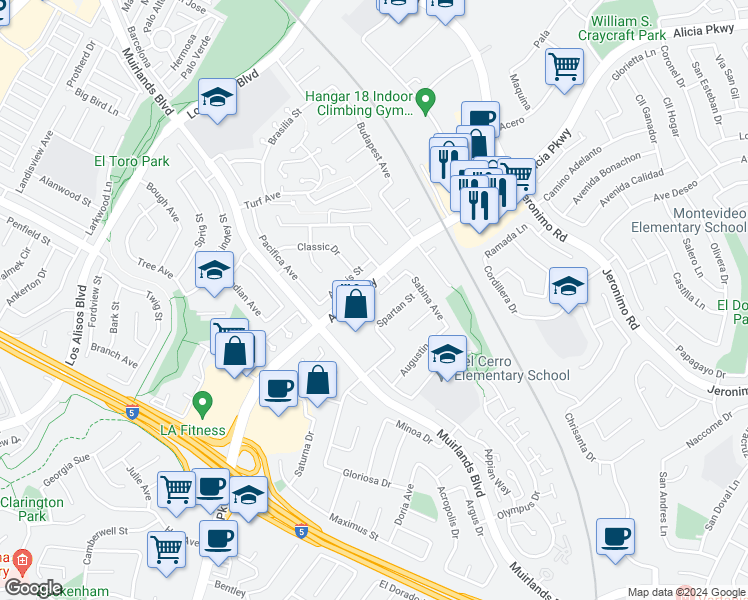 map of restaurants, bars, coffee shops, grocery stores, and more near 24201 Delphi Street in Mission Viejo