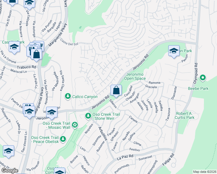 map of restaurants, bars, coffee shops, grocery stores, and more near 27862 Vía Granados in Mission Viejo