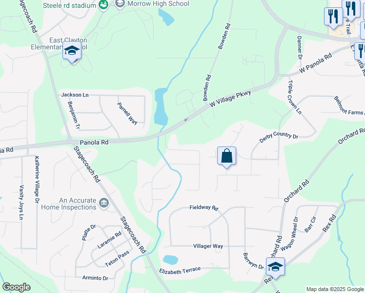 map of restaurants, bars, coffee shops, grocery stores, and more near 131 Peachtree Glen Drive in Ellenwood