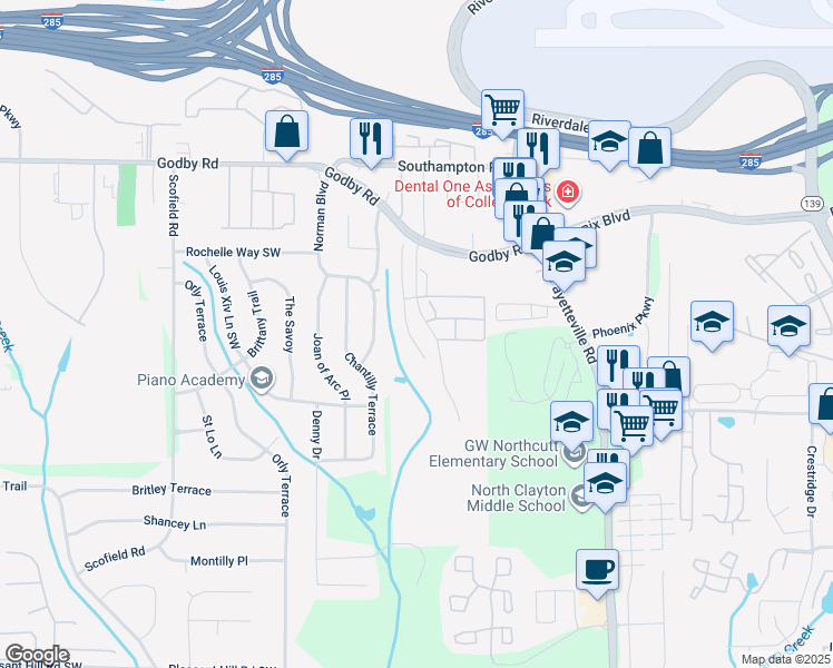 map of restaurants, bars, coffee shops, grocery stores, and more near 5314 Hanover Street in Atlanta