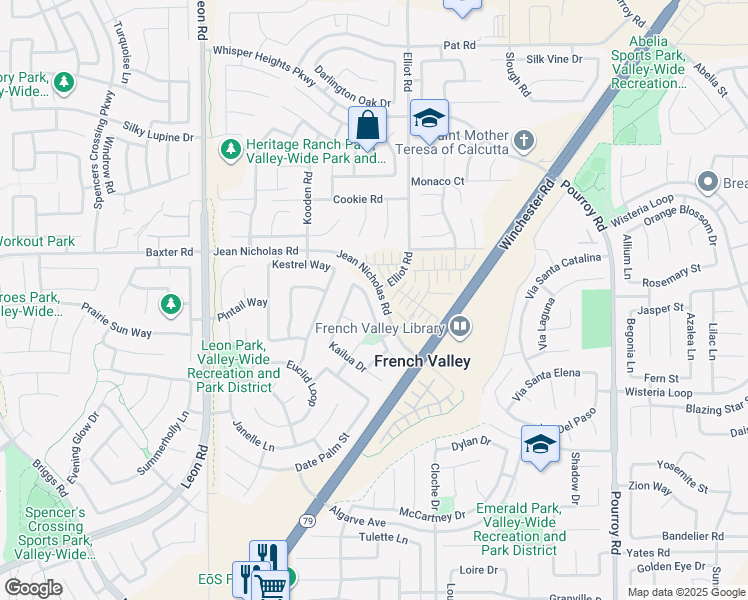 map of restaurants, bars, coffee shops, grocery stores, and more near 35078 Waimea Way in Winchester