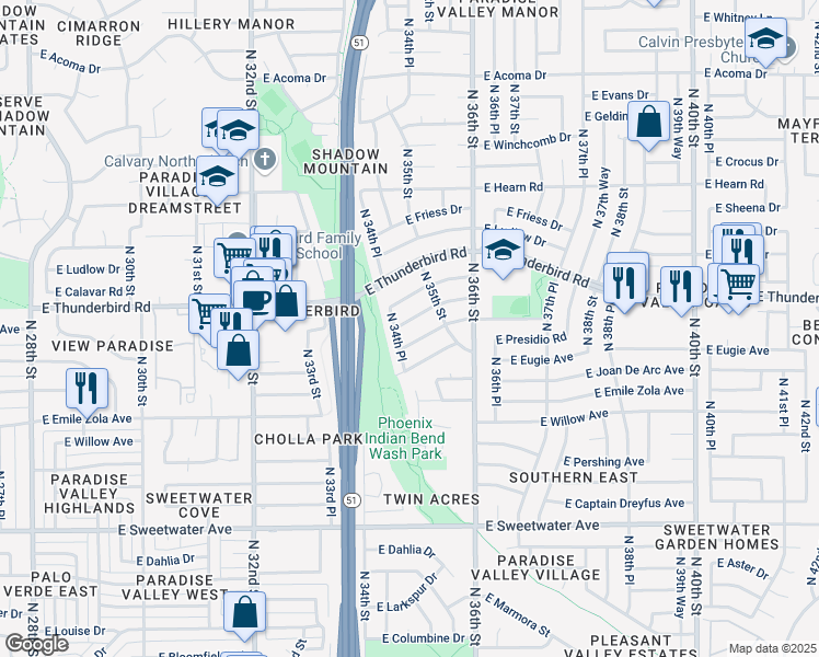 map of restaurants, bars, coffee shops, grocery stores, and more near 3471 East Delcoa Drive in Phoenix