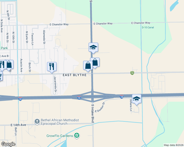 map of restaurants, bars, coffee shops, grocery stores, and more near 2 South Intake Boulevard in Blythe