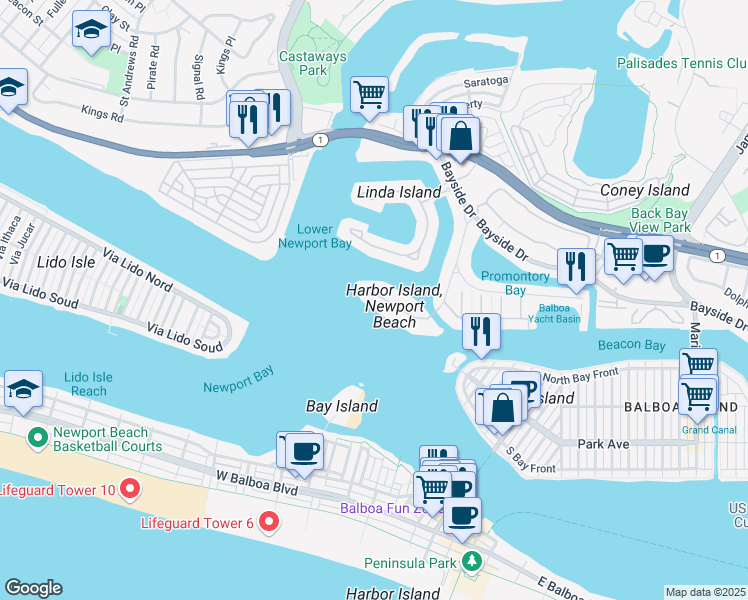 map of restaurants, bars, coffee shops, grocery stores, and more near 20 Harbor Island Road in Newport Beach