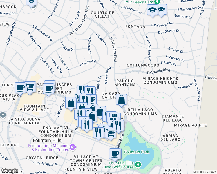map of restaurants, bars, coffee shops, grocery stores, and more near 13617 North Hamilton Drive in Fountain Hills
