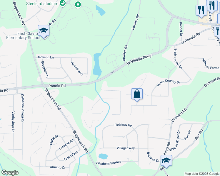 map of restaurants, bars, coffee shops, grocery stores, and more near 131 Peachtree Glen Drive in Ellenwood