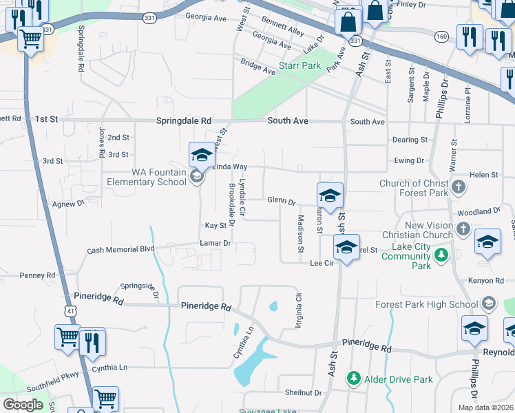map of restaurants, bars, coffee shops, grocery stores, and more near 651 Glenn Drive in Forest Park