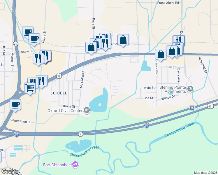 map of restaurants, bars, coffee shops, grocery stores, and more near 363 Cobblestone Way in Oxford