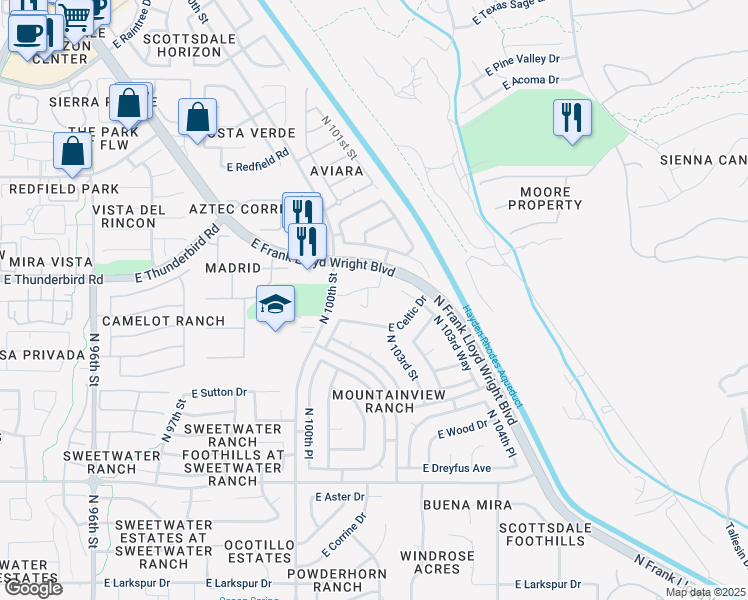 map of restaurants, bars, coffee shops, grocery stores, and more near 13850 North Frank Lloyd Wright Boulevard in Scottsdale