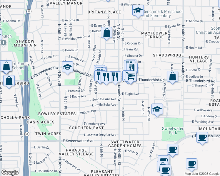 map of restaurants, bars, coffee shops, grocery stores, and more near 3923 East Thunderbird Road in Phoenix