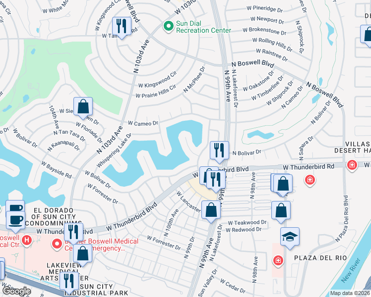 map of restaurants, bars, coffee shops, grocery stores, and more near 13839 North Driftwood Point in Sun City