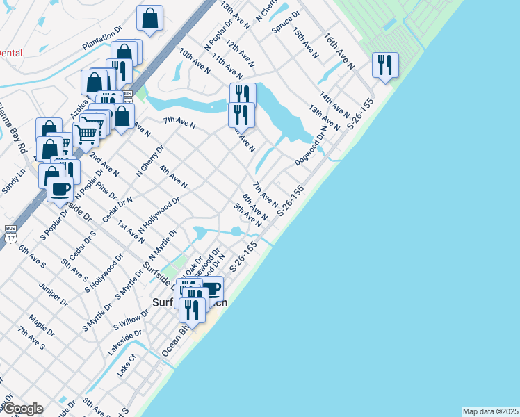map of restaurants, bars, coffee shops, grocery stores, and more near 117 6th Avenue North in Surfside Beach