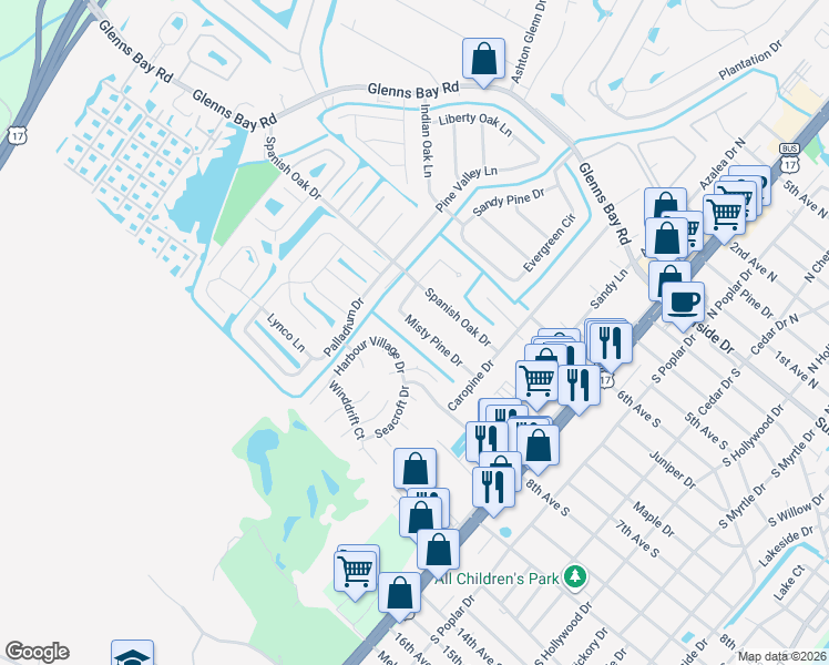 map of restaurants, bars, coffee shops, grocery stores, and more near 117 Misty Pine Drive in Myrtle Beach