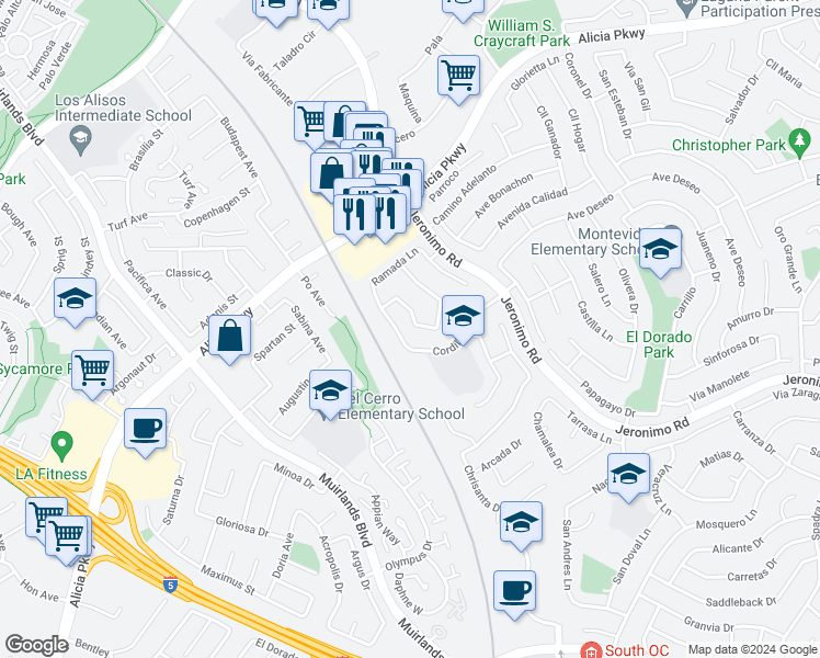 map of restaurants, bars, coffee shops, grocery stores, and more near 25936 Vía Del Sur in Mission Viejo
