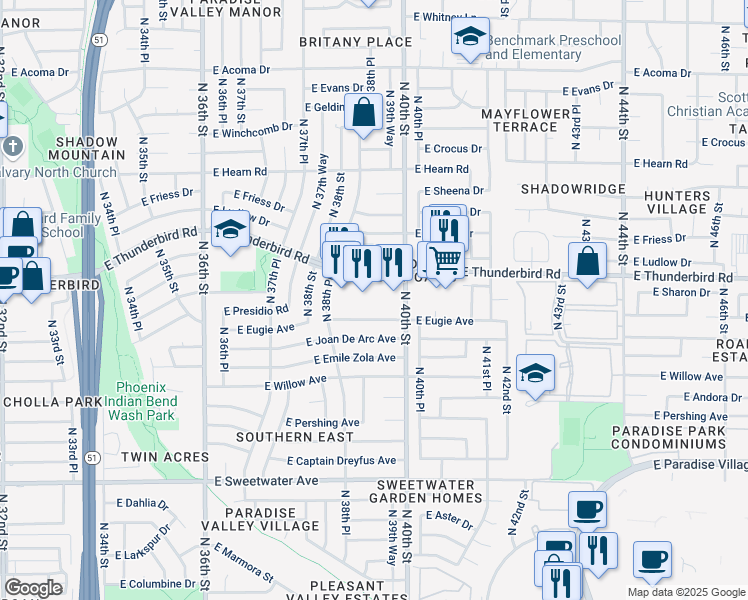 map of restaurants, bars, coffee shops, grocery stores, and more near 3910 East Eugie Avenue in Phoenix