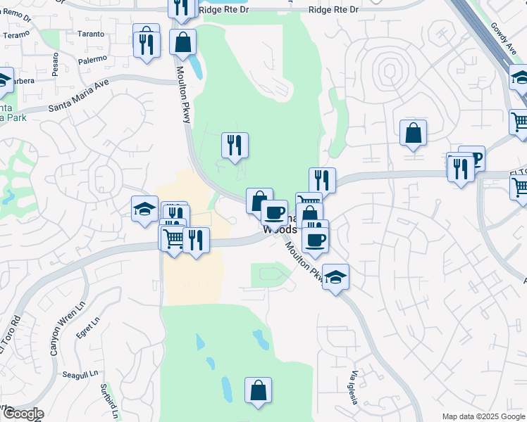 map of restaurants, bars, coffee shops, grocery stores, and more near 24177 Moulton Parkway in Laguna Woods