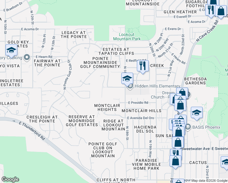 map of restaurants, bars, coffee shops, grocery stores, and more near 1715 East Sharon Drive in Phoenix