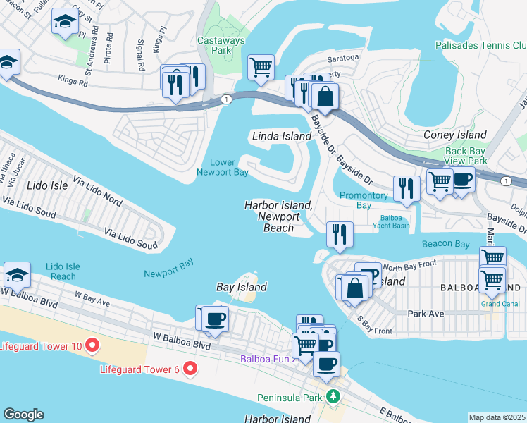 map of restaurants, bars, coffee shops, grocery stores, and more near 20 Harbor Island Road in Newport Beach