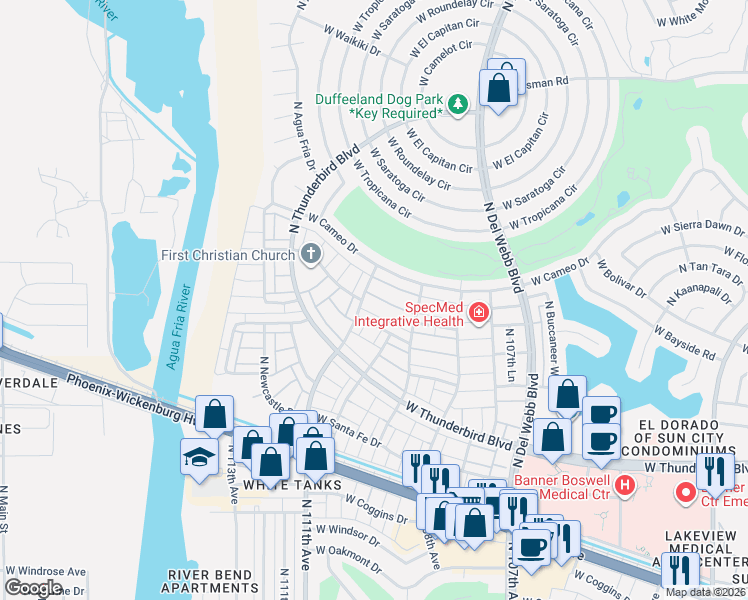 map of restaurants, bars, coffee shops, grocery stores, and more near 13859 North 111th Avenue in Sun City