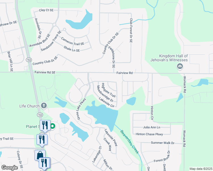 map of restaurants, bars, coffee shops, grocery stores, and more near 60 Lakebirch Drive in Covington