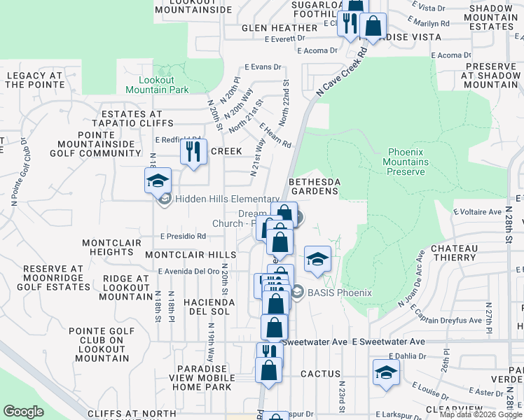 map of restaurants, bars, coffee shops, grocery stores, and more near 2137 East Sharon Drive in Phoenix